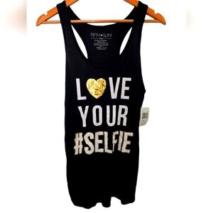 NWT Fifth Sun Black Graphic Tank Top with Gold Heart Size Large